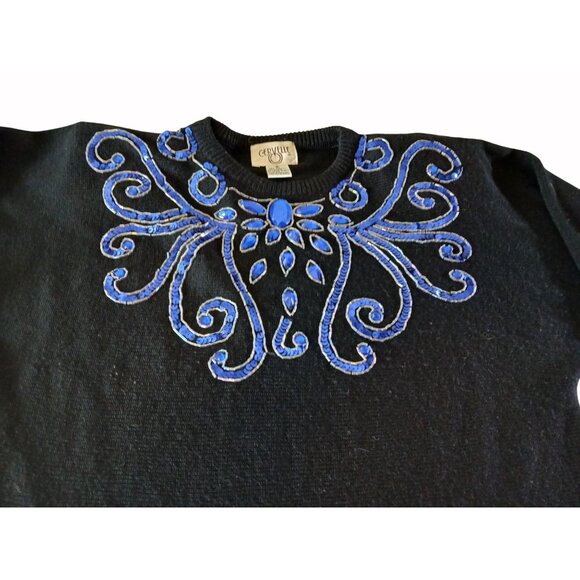 Vintage Cervelle Black Sweater Blue Sequins Beaded Size S Oversized Bedazzled - Picture 8 of 10